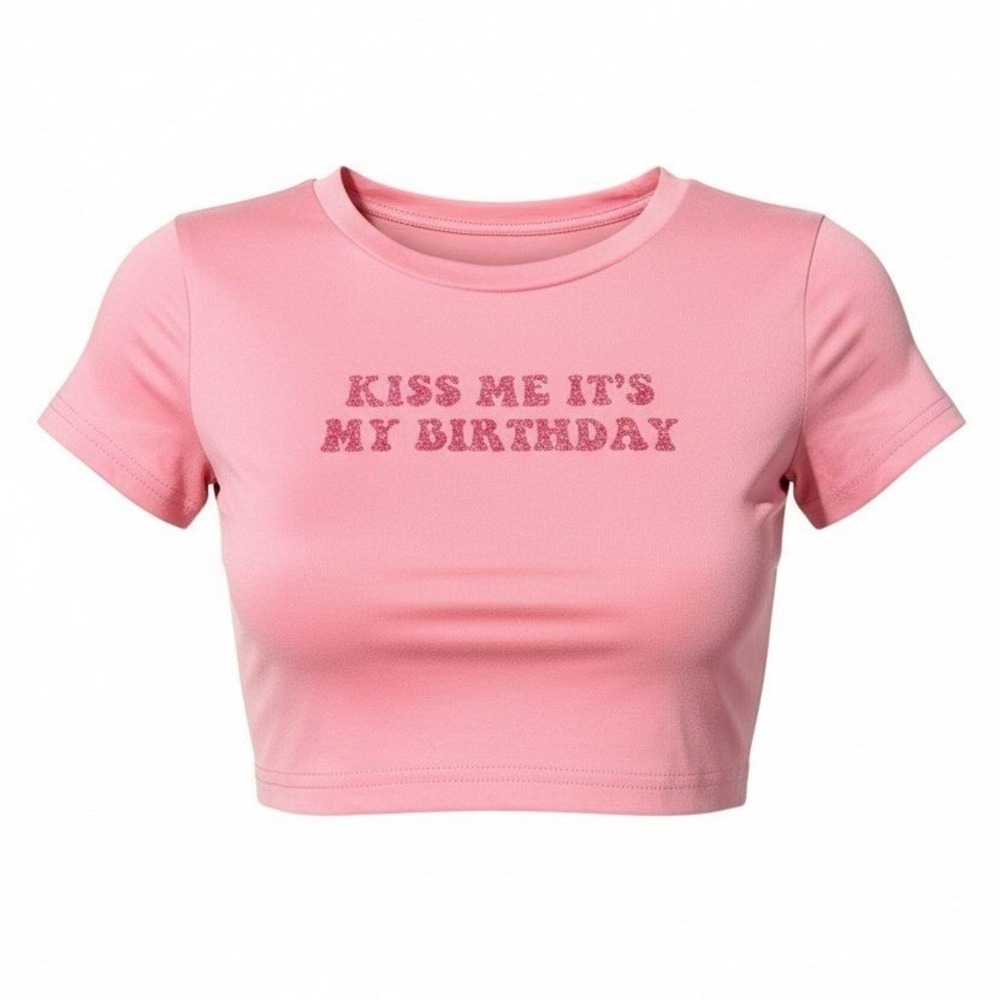 New Medium "Kiss Me, It's My Birthday" Pink Baby Crop Tee Y2k Top Goth Grunge